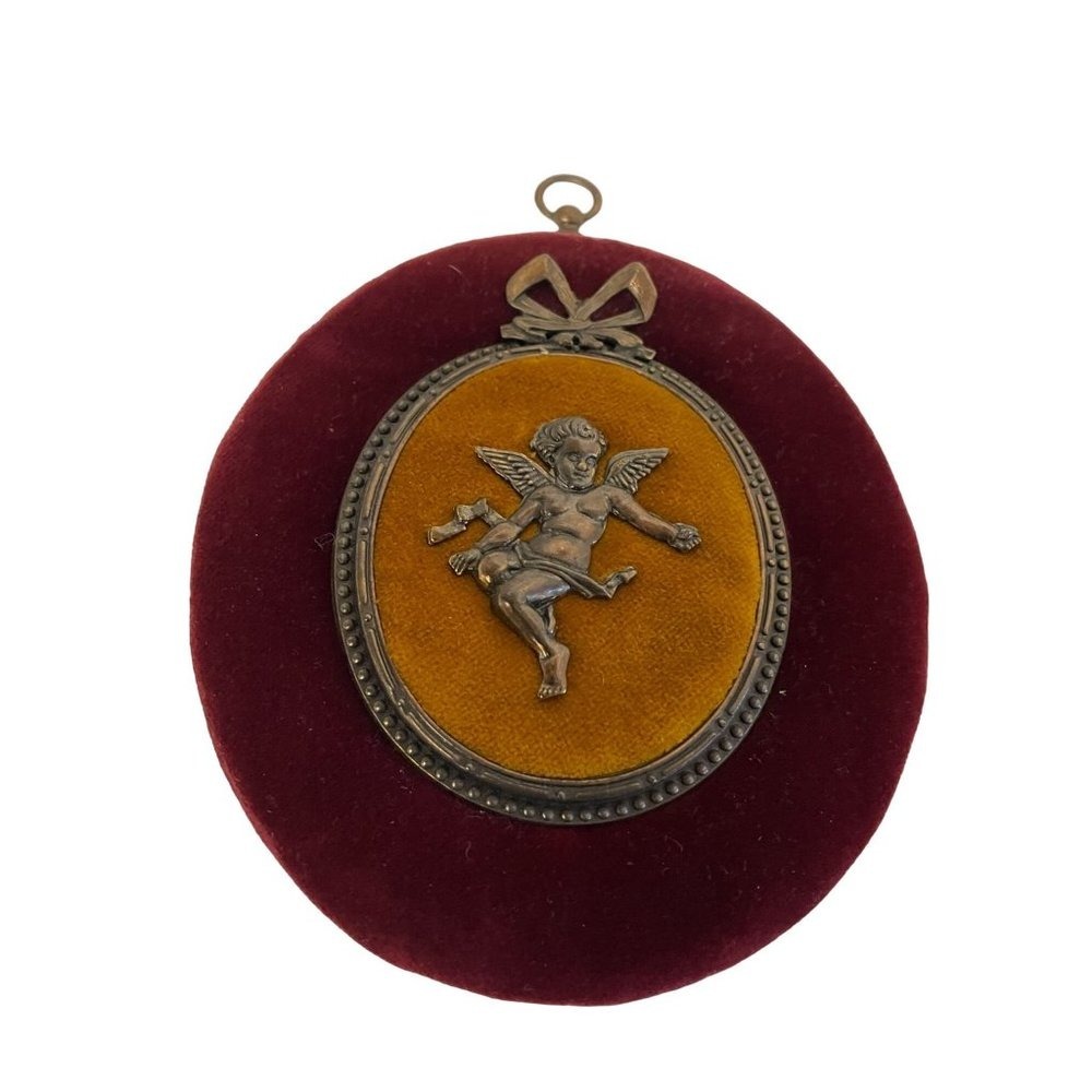 Vintage Miniature Wall Art Set Unisex OS Burgundy Velvet Cherub Portrait Bows - Picture 10 of 10